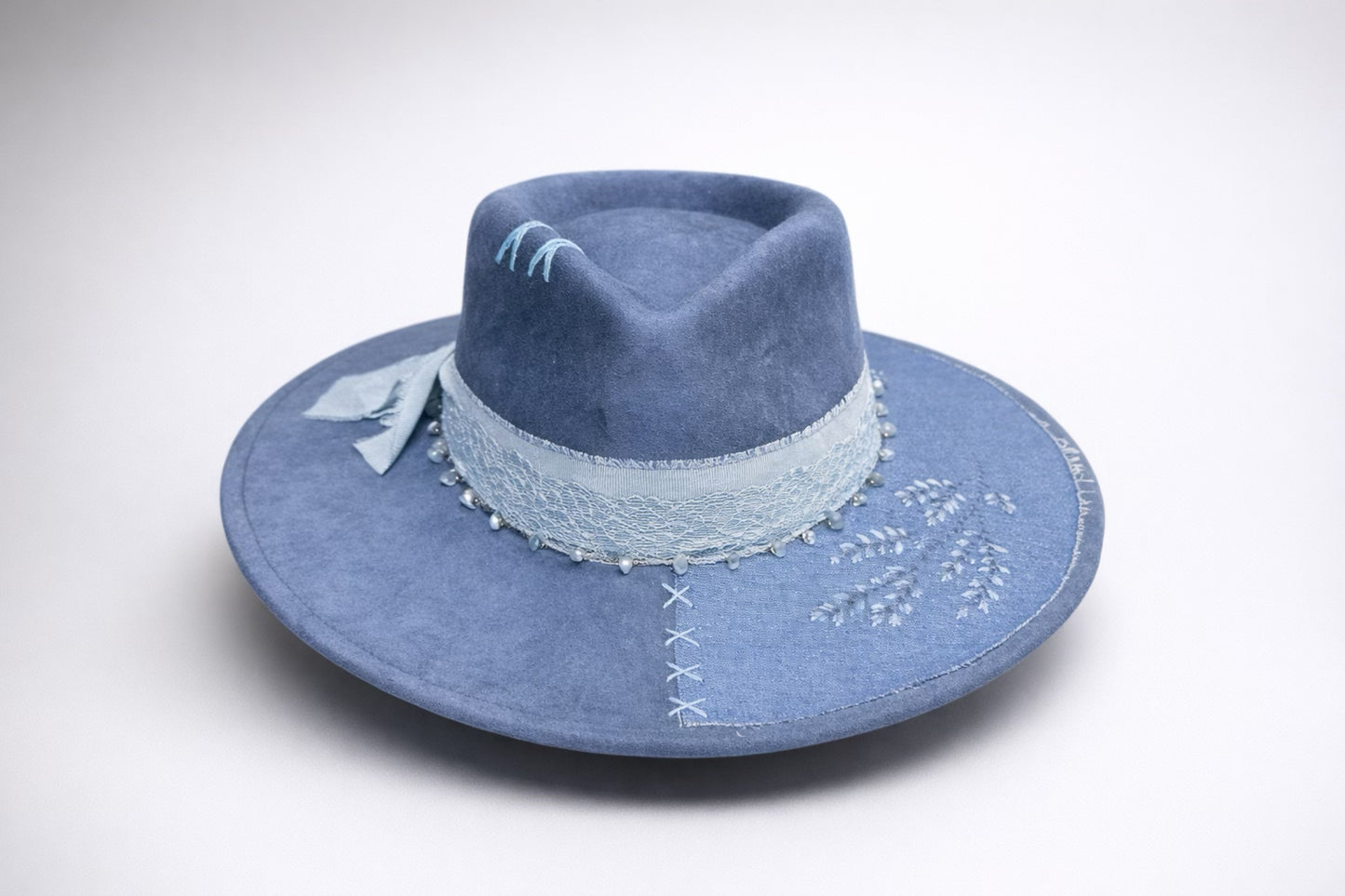 blue fedora hat UK denim lace detail western style
	•	custom western hat UK blue statement fedora