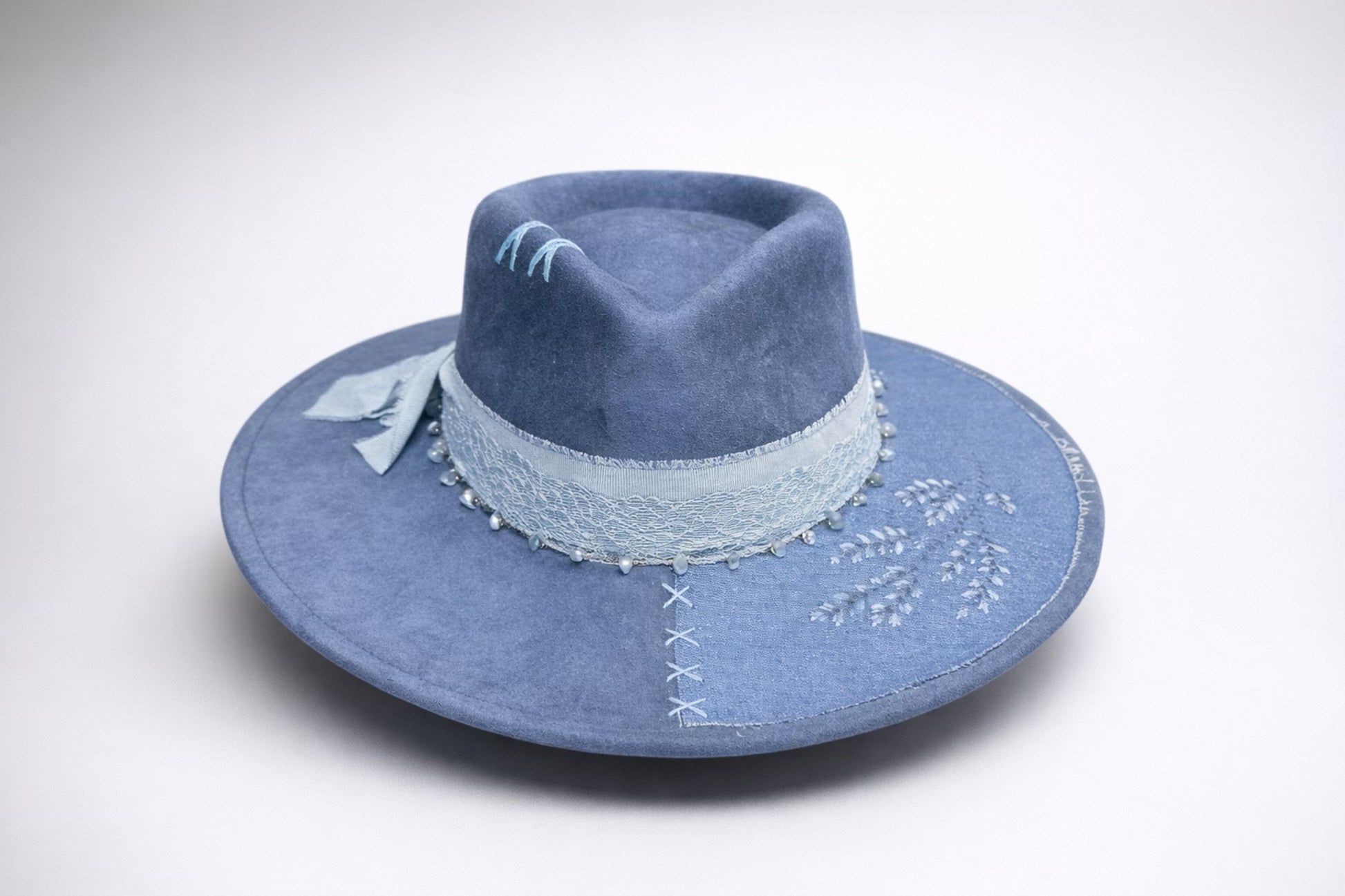 blue fedora hat UK denim lace detail western style
	•	custom western hat UK blue statement fedora