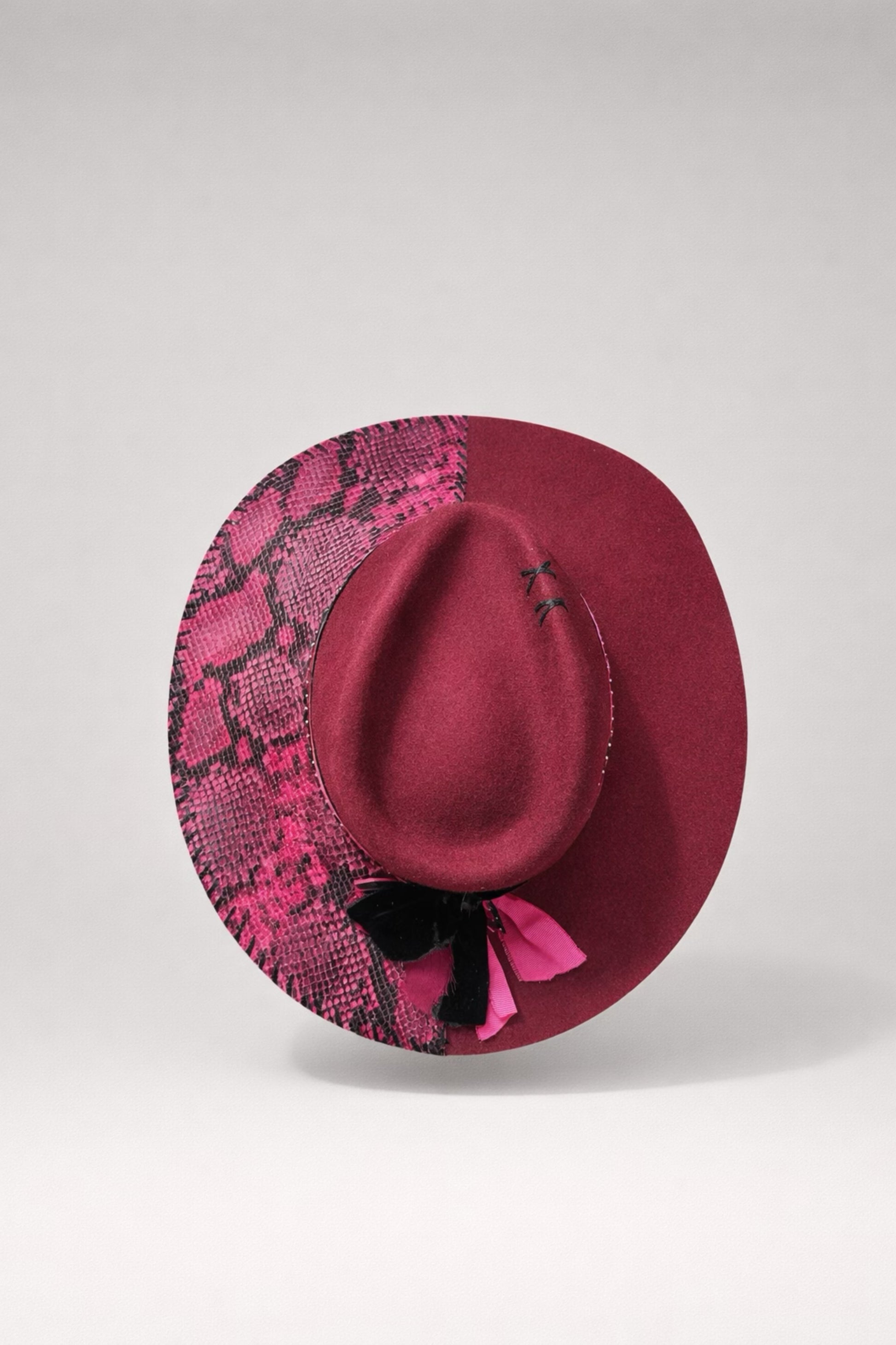 wine fedora hat UK faux snake leather detail
	•	custom western fedora hat UK pink and velvet trim
