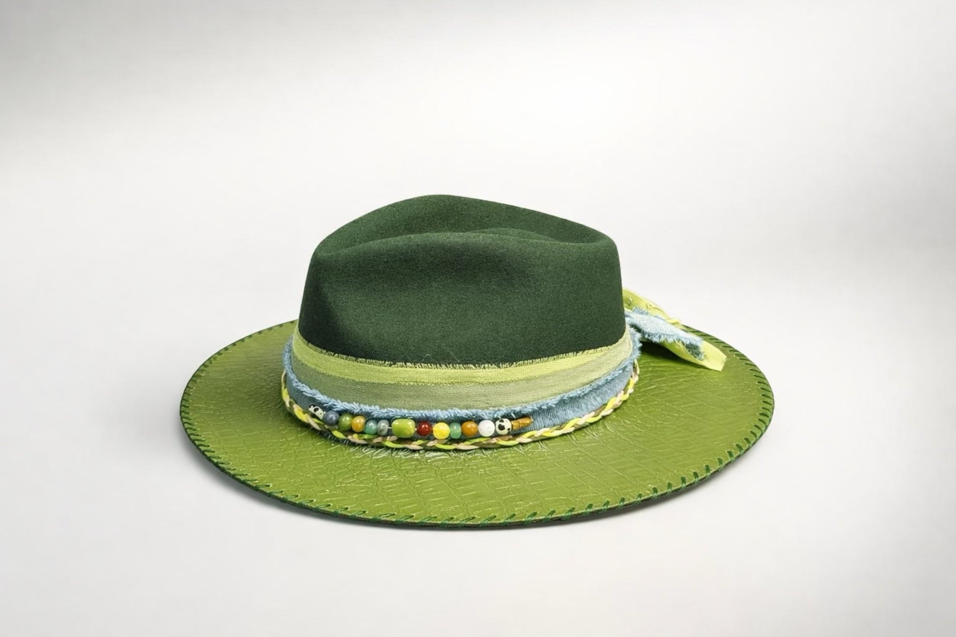 green fedora hat UK embroidered detail western style
	•	custom green fedora hat UK statement design