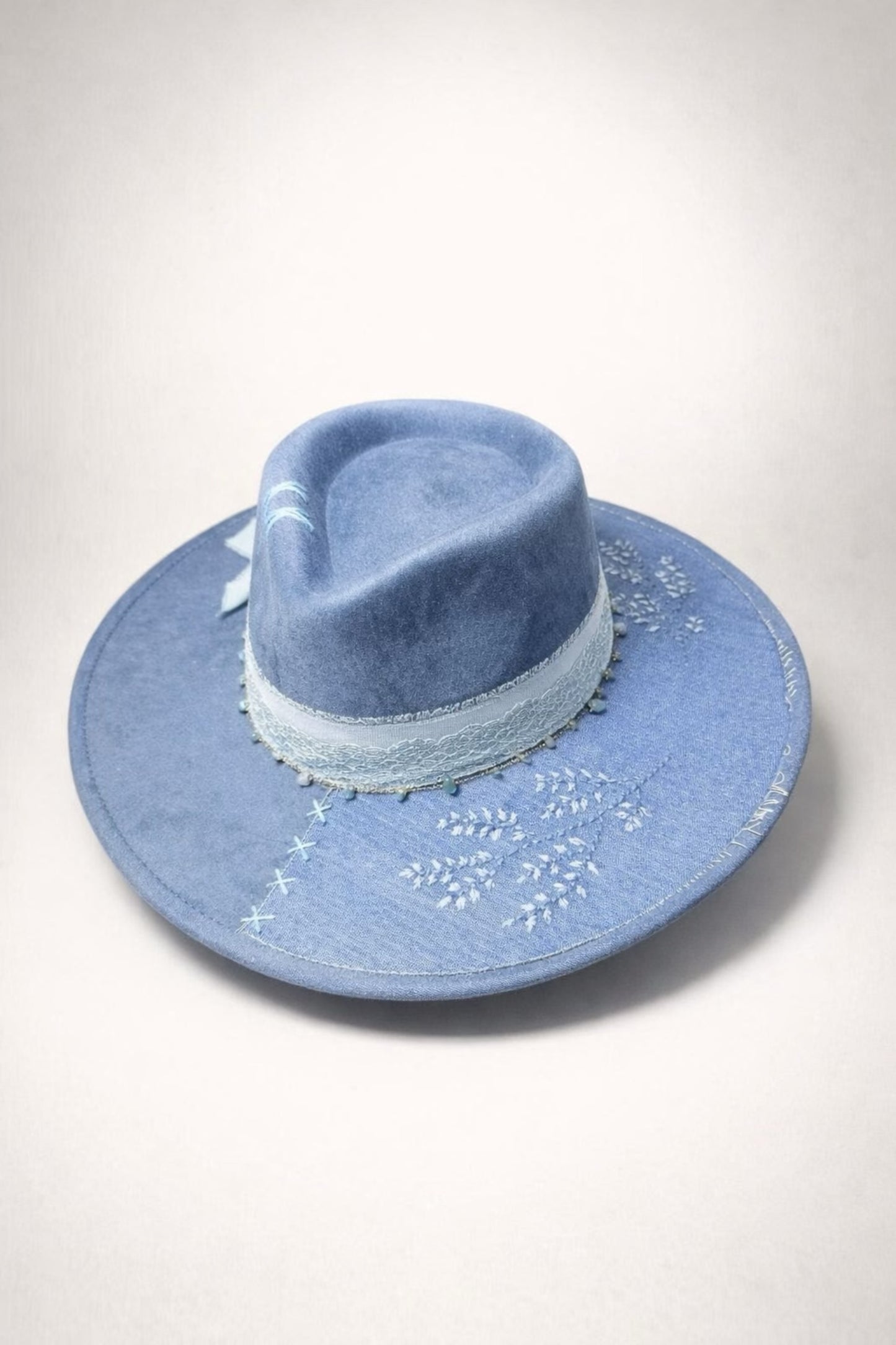 blue fedora hat UK denim lace detail western style
	•	custom western hat UK blue statement fedora