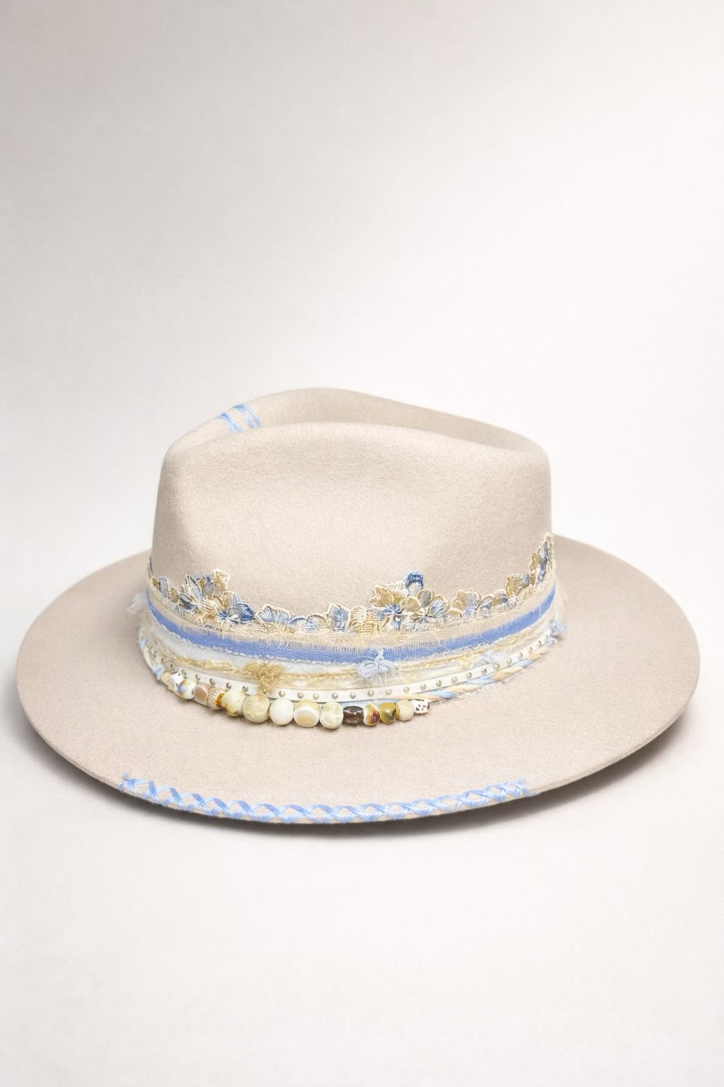 neutral fedora hat UK lace detail feminine style
	•	custom western fedora hat UK soft blue and cream