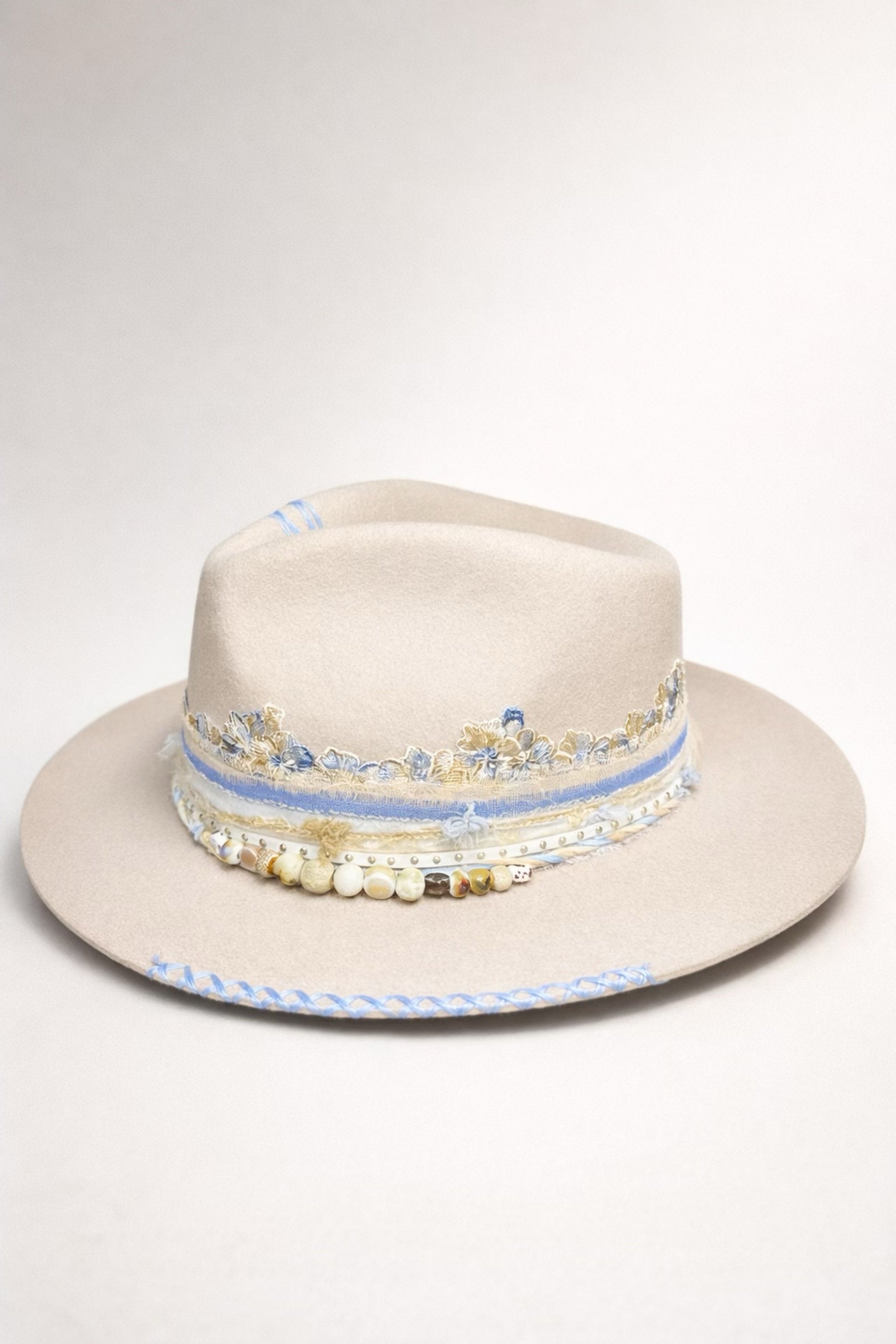 neutral fedora hat UK lace detail feminine style
	•	custom western fedora hat UK soft blue and cream