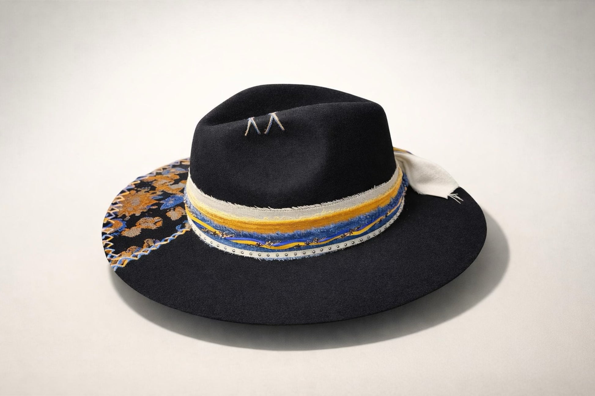 black fedora hat UK blue gold floral detail
	•	custom black western fedora hat UK statement design