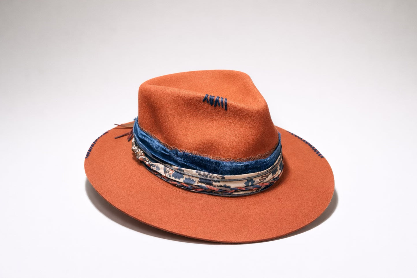 Burnt Orange Fedora Hat with Blue Detail – Western Style Hat UK
