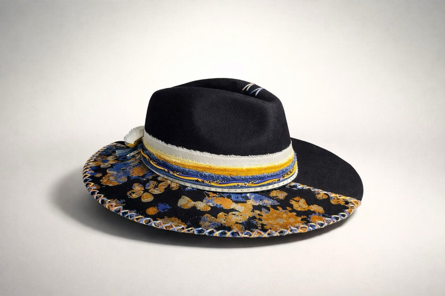 black fedora hat UK blue gold floral detail
	•	custom black western fedora hat UK statement design