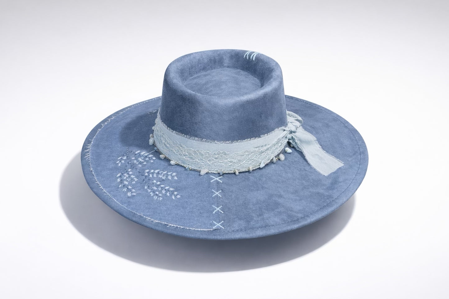 Blue Fedora Hat with Denim & Lace – Custom Western Hat UK