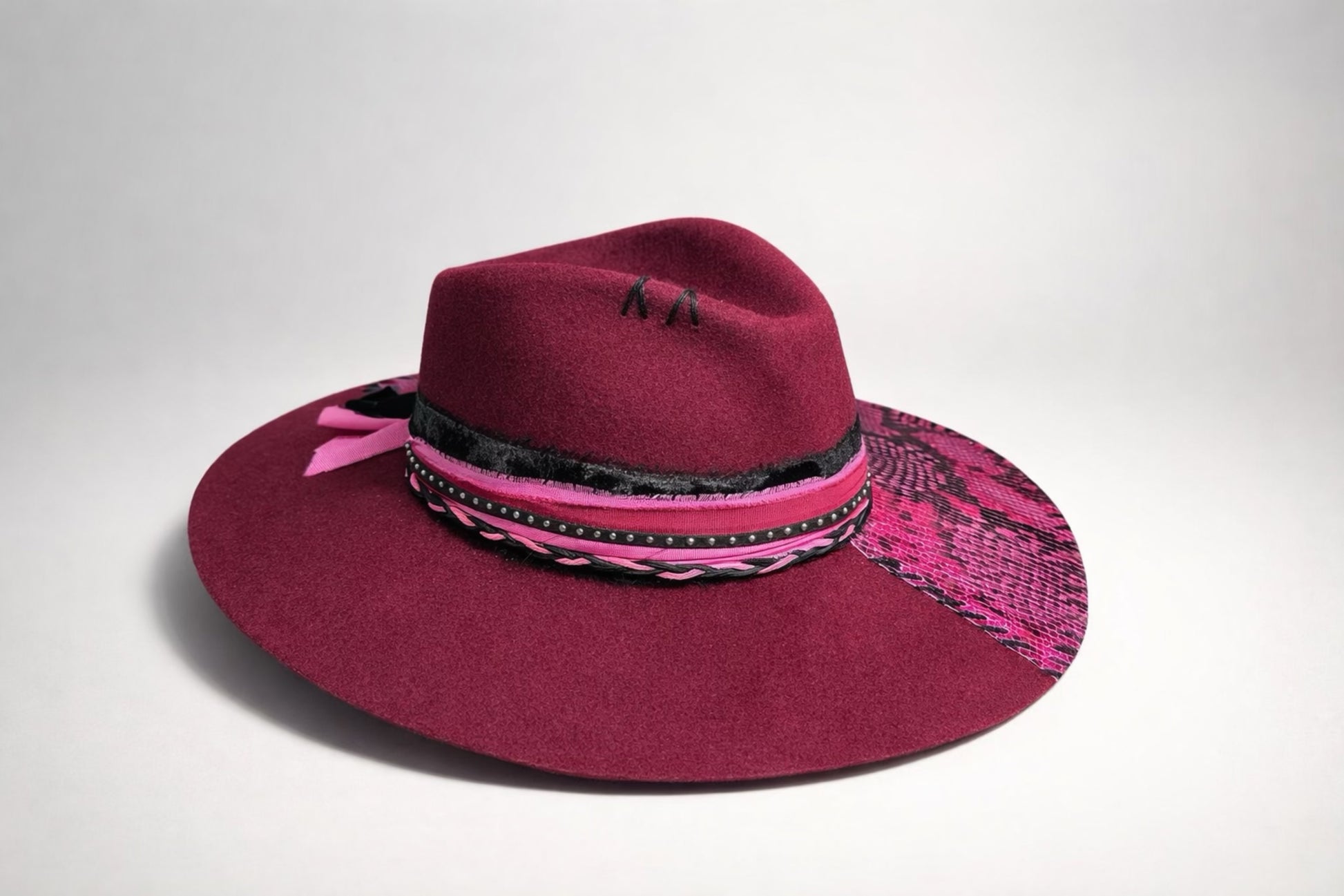 wine fedora hat UK faux snake leather detail
	•	custom western fedora hat UK pink and velvet trim
