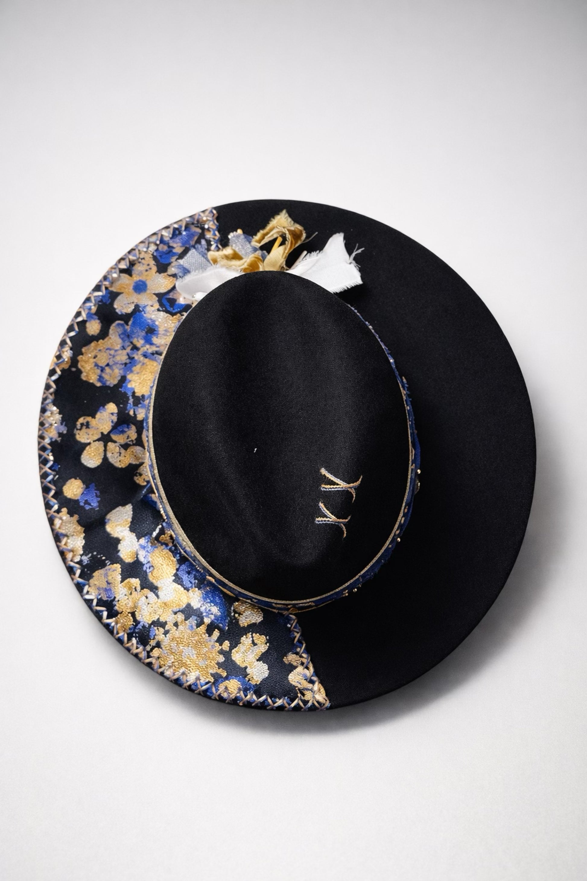 black fedora hat UK blue gold floral detail
	•	custom black western fedora hat UK statement design