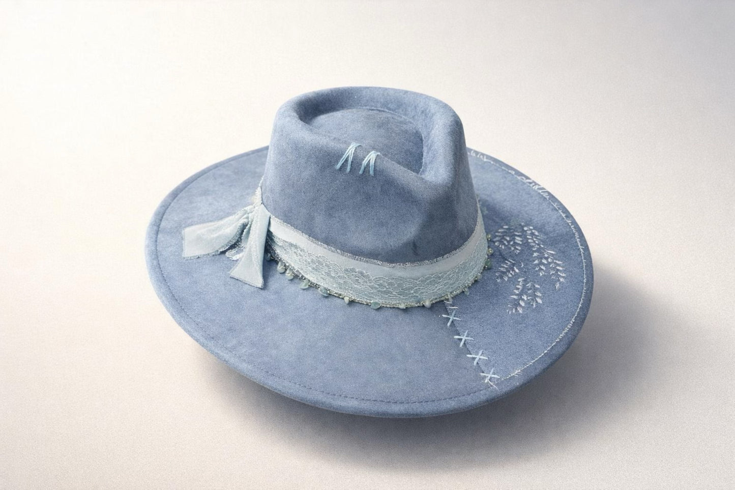 Blue Fedora Hat with Denim & Lace – Custom Western Hat UK