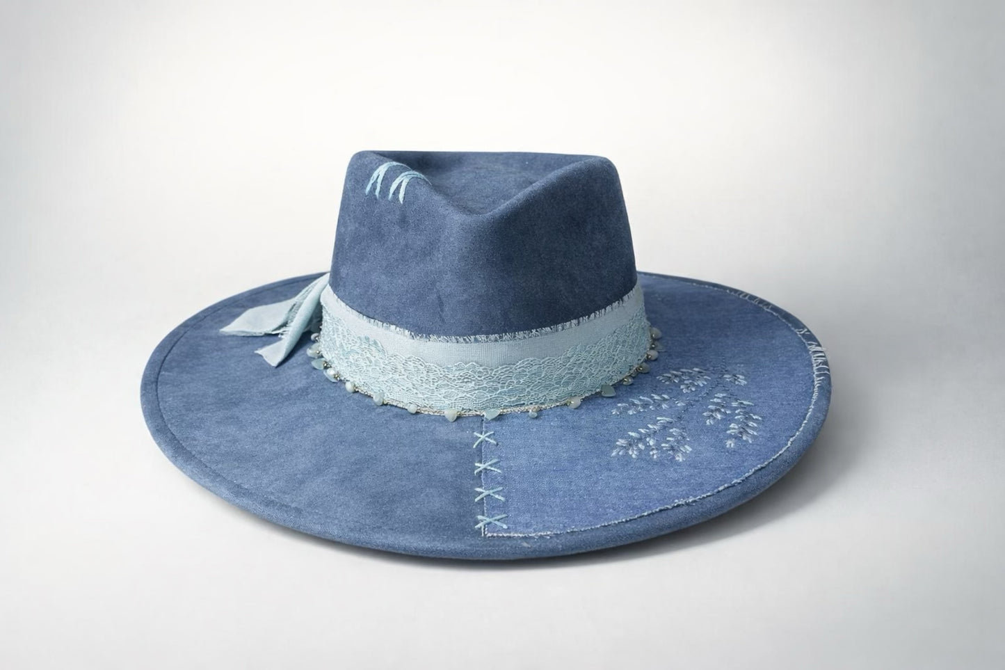 blue fedora hat UK denim lace detail western style
	•	custom western hat UK blue statement fedora