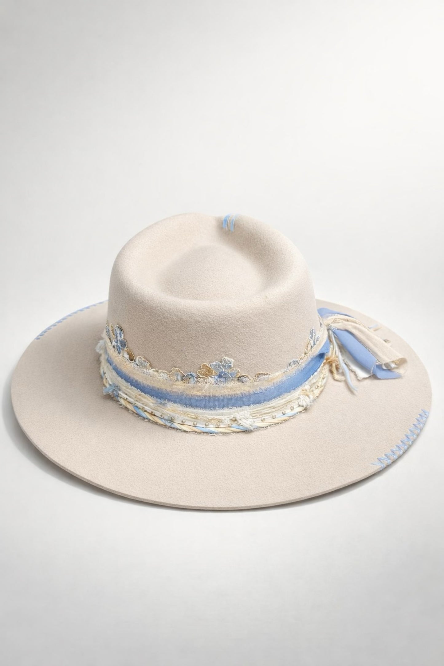 neutral fedora hat UK lace detail feminine style
	•	custom western fedora hat UK soft blue and cream