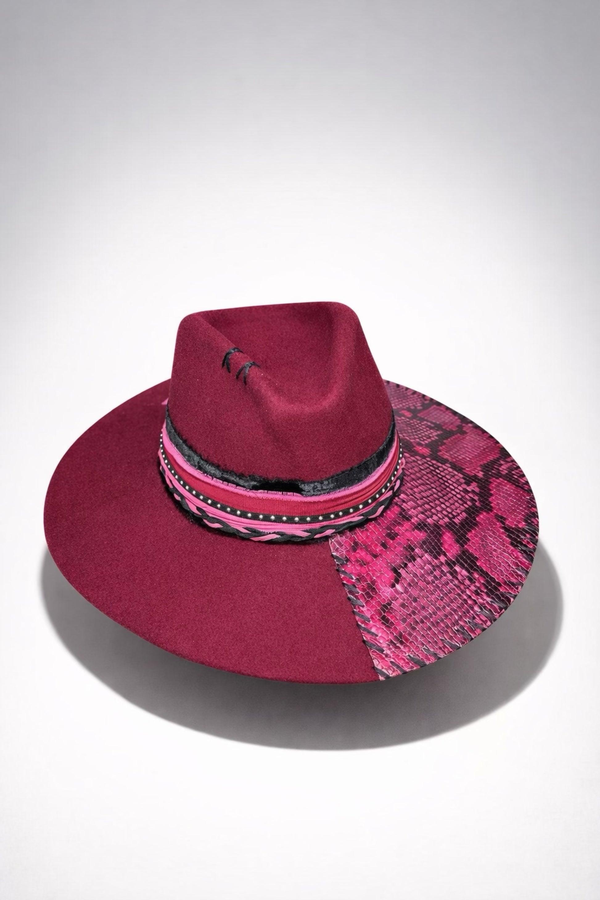 wine fedora hat UK faux snake leather detail
	•	custom western fedora hat UK pink and velvet trim