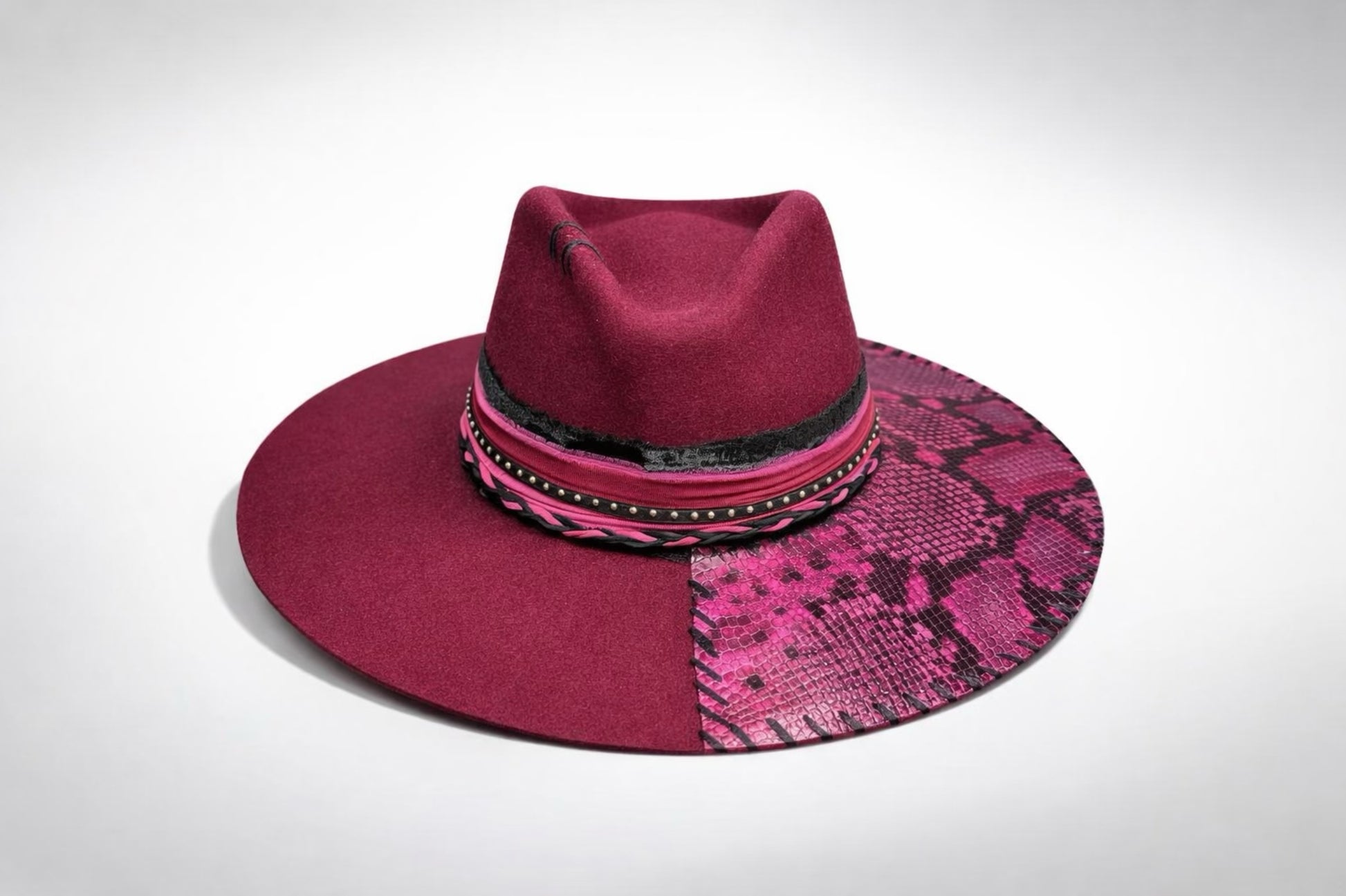 wine fedora hat UK faux snake leather detail
	•	custom western fedora hat UK pink and velvet trim