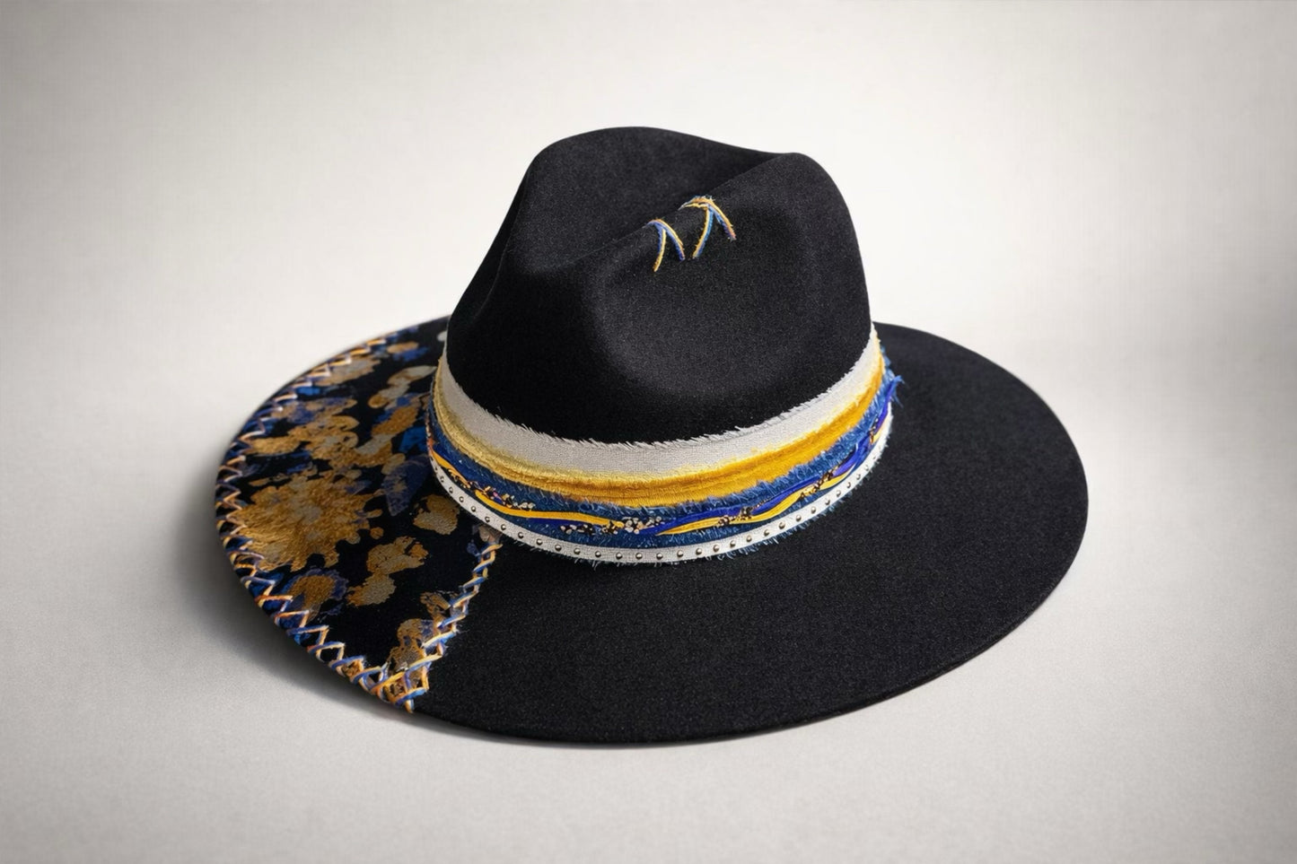black fedora hat UK blue gold floral detail
	•	custom black western fedora hat UK statement design