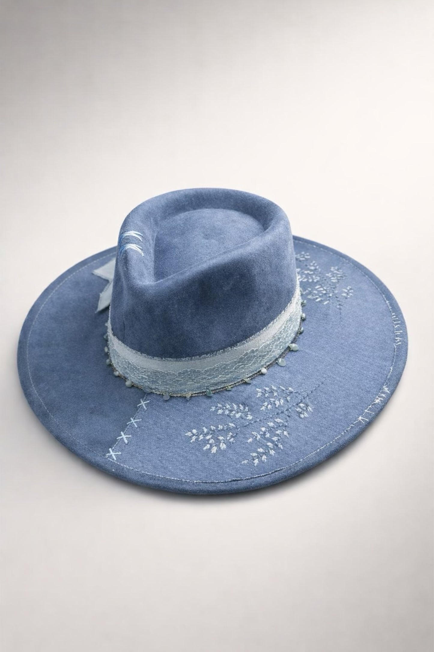blue fedora hat UK denim lace detail western style
	•	custom western hat UK blue statement fedora