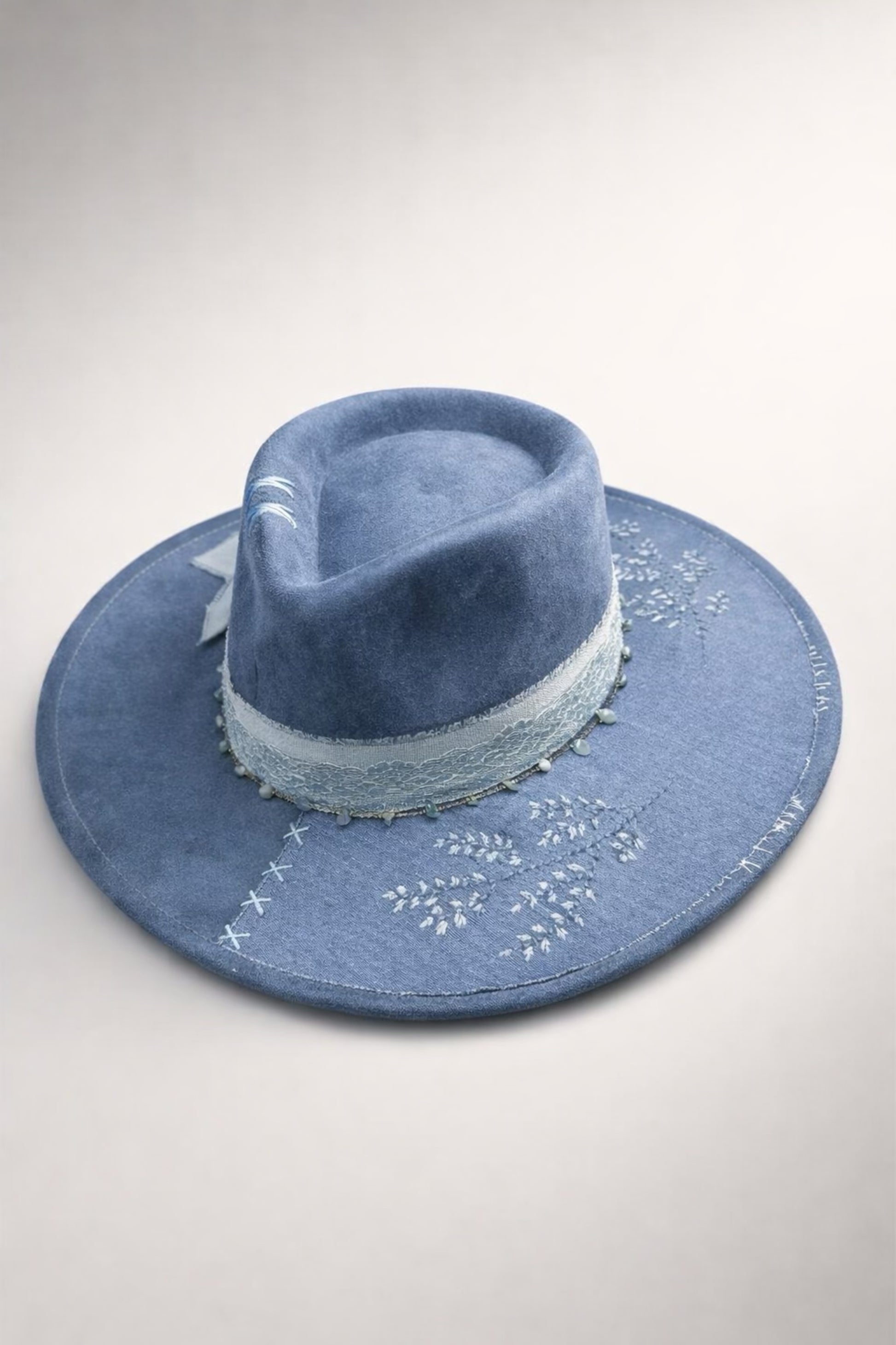 blue fedora hat UK denim lace detail western style
	•	custom western hat UK blue statement fedora