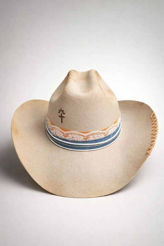 sand cattleman hat UK distressed western cowboy hat
	•	custom cowboy hat UK burnt effect orange stitching