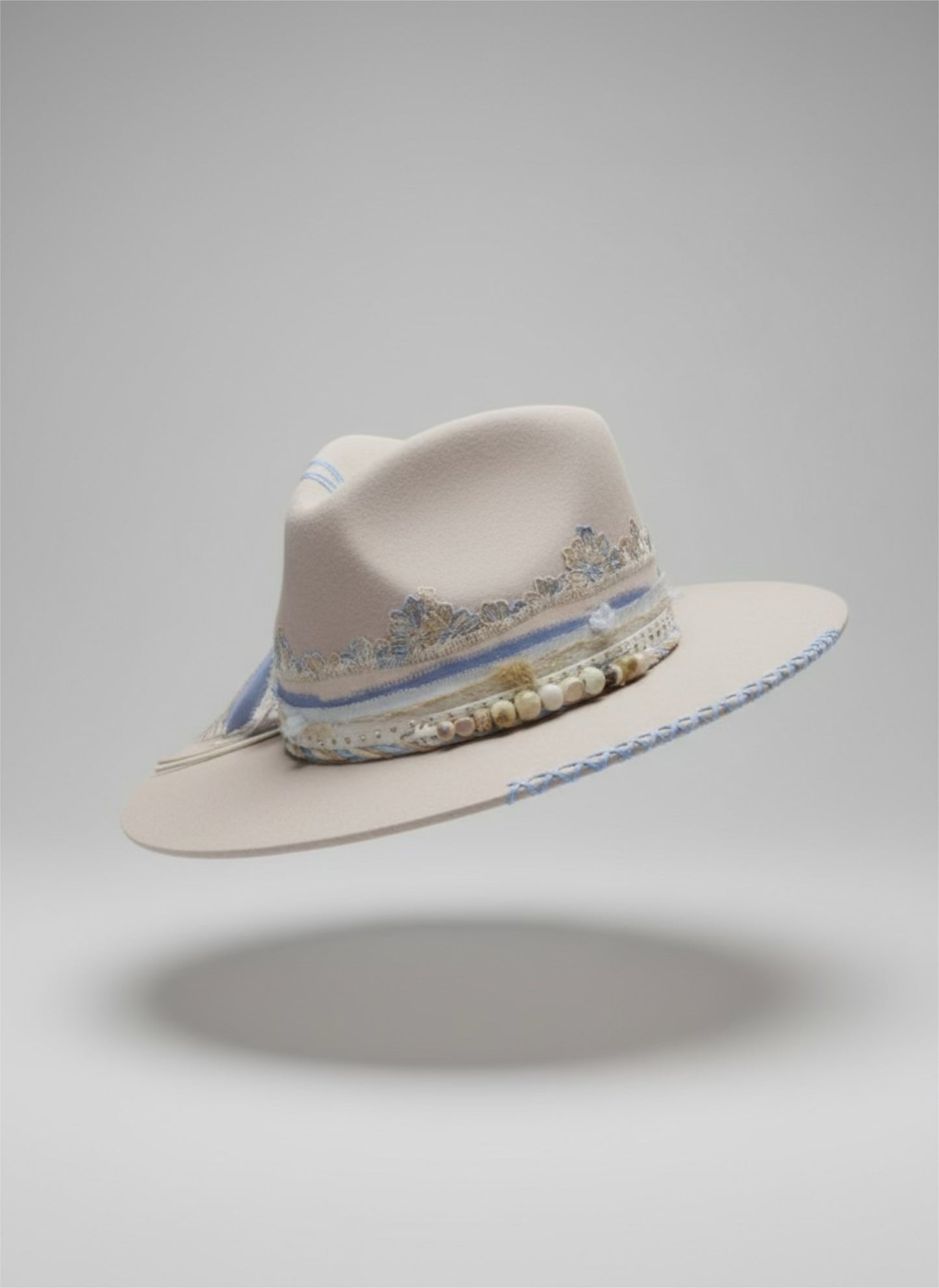 neutral fedora hat UK lace detail feminine style
	•	custom western fedora hat UK soft blue and cream