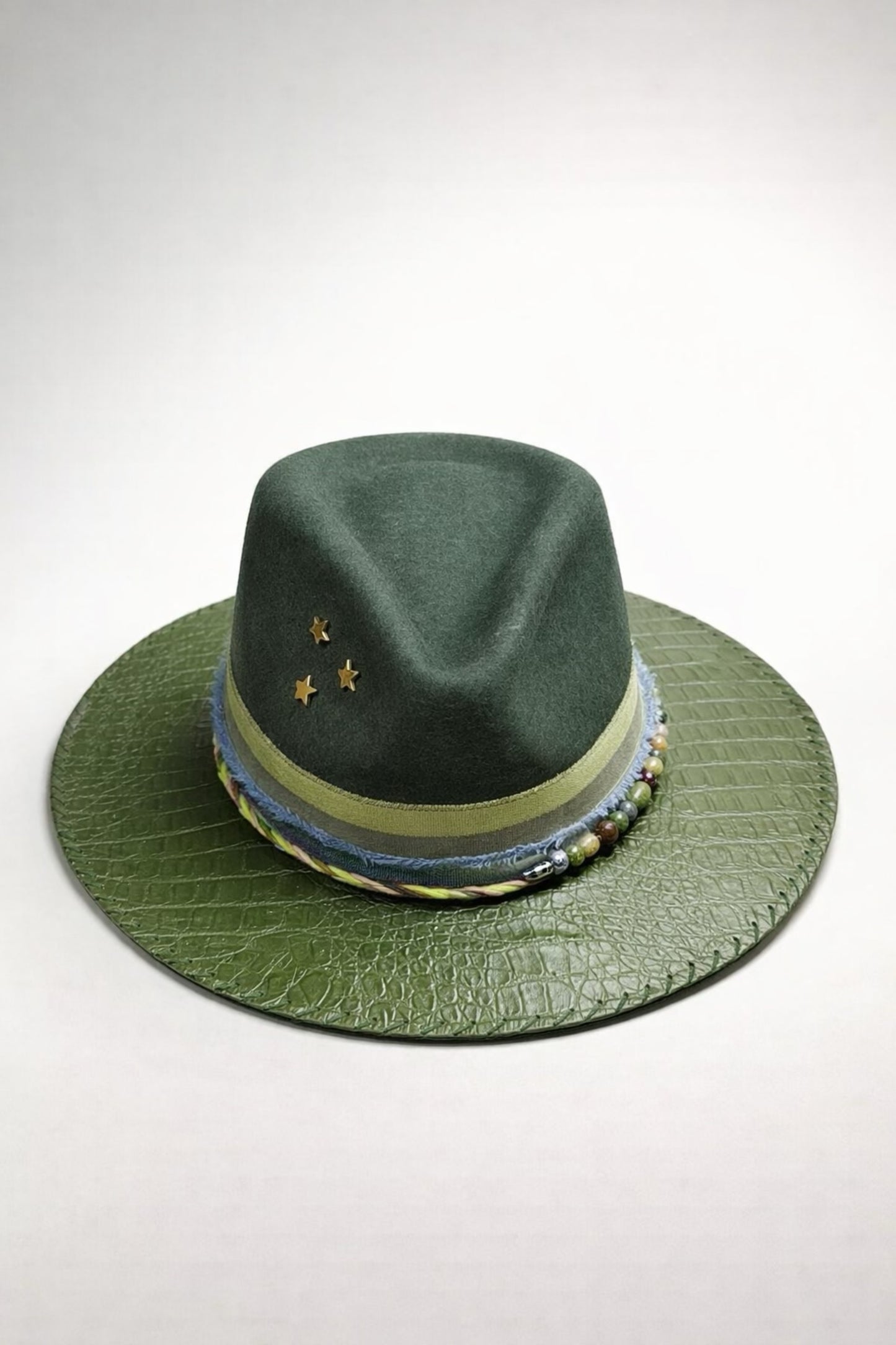 green fedora hat UK embroidered detail western style
	•	custom green fedora hat UK statement design
