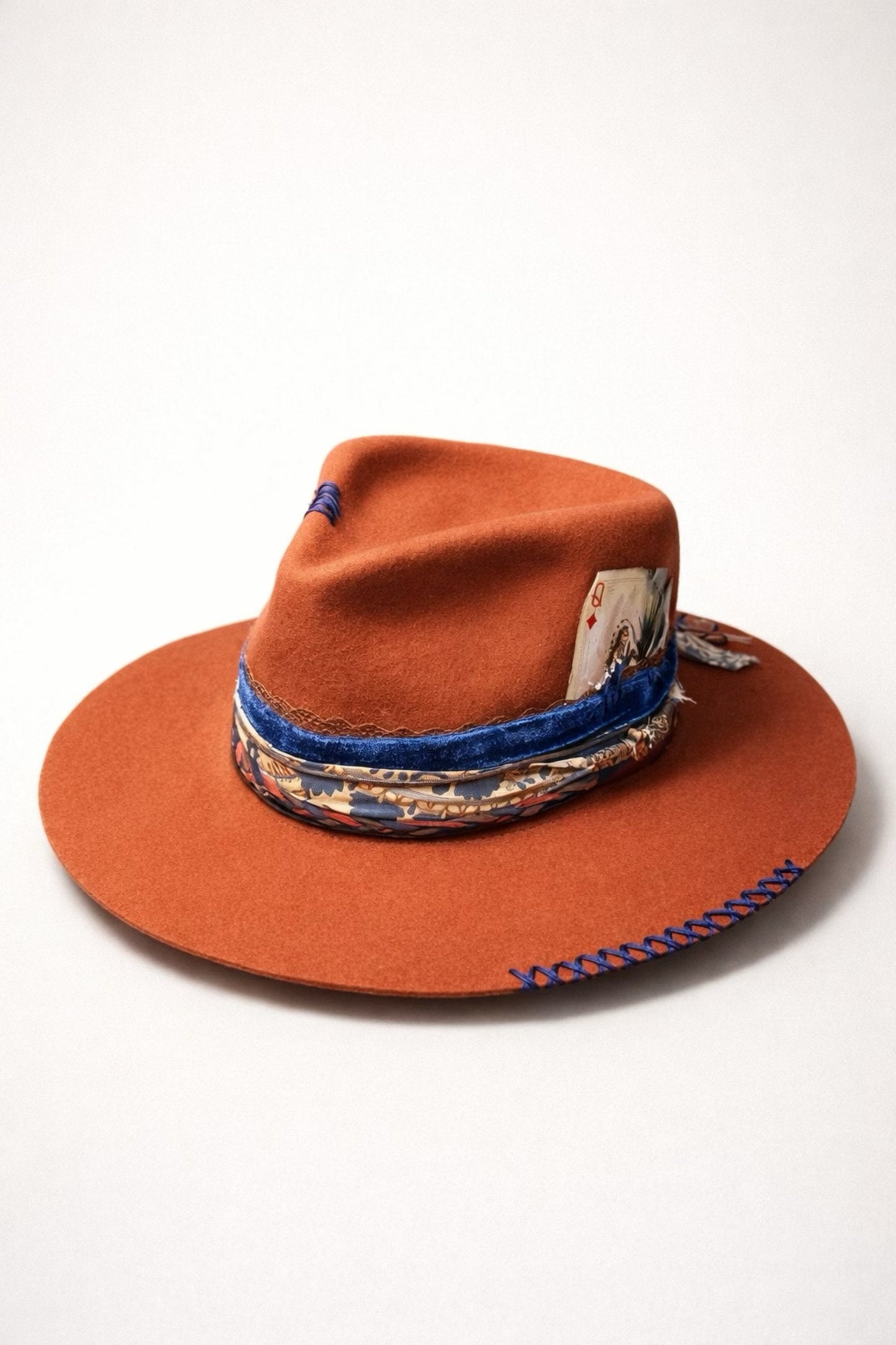 burnt orange fedora hat UK blue detail western style
	•	custom western hat UK orange fedora with stitching