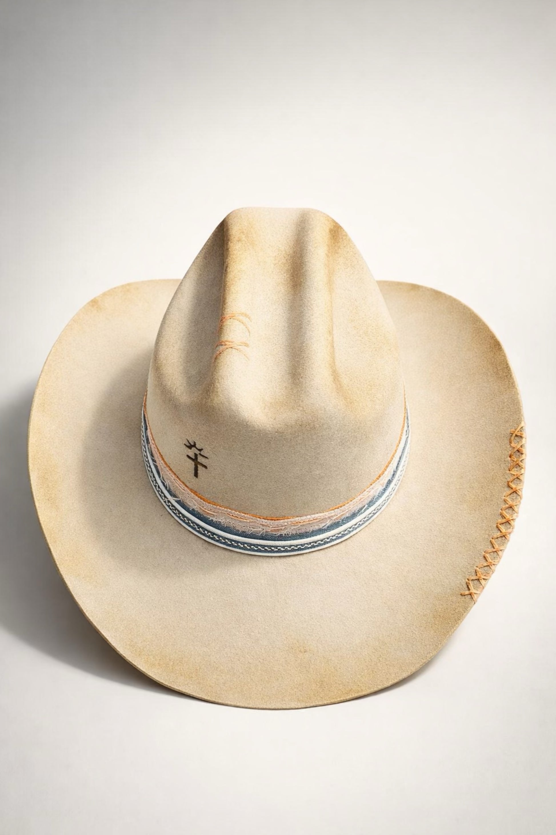 sand cattleman hat UK distressed western cowboy hat
	•	custom cowboy hat UK burnt effect orange stitching