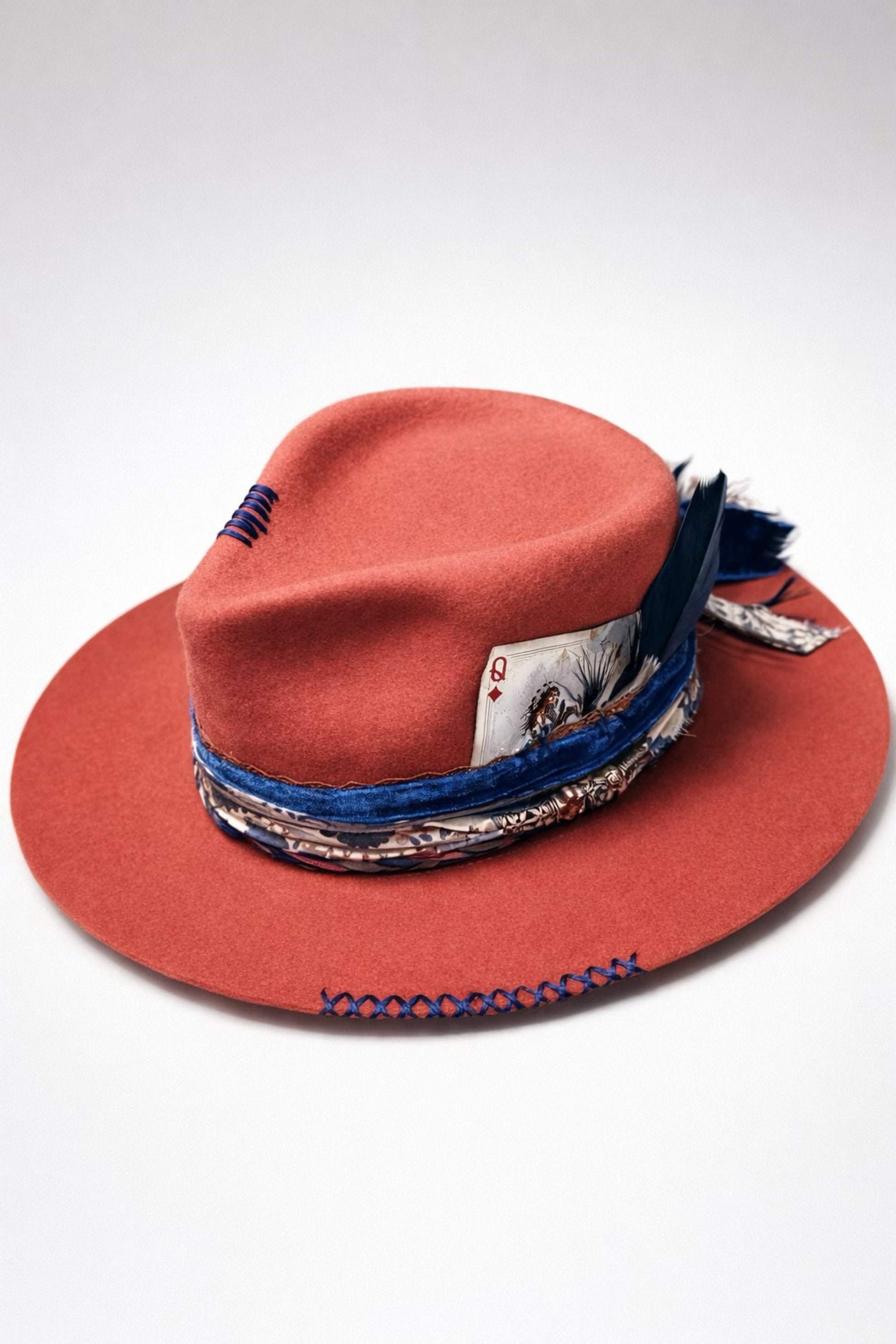 burnt orange fedora hat UK blue detail western style
	•	custom western hat UK orange fedora with stitching