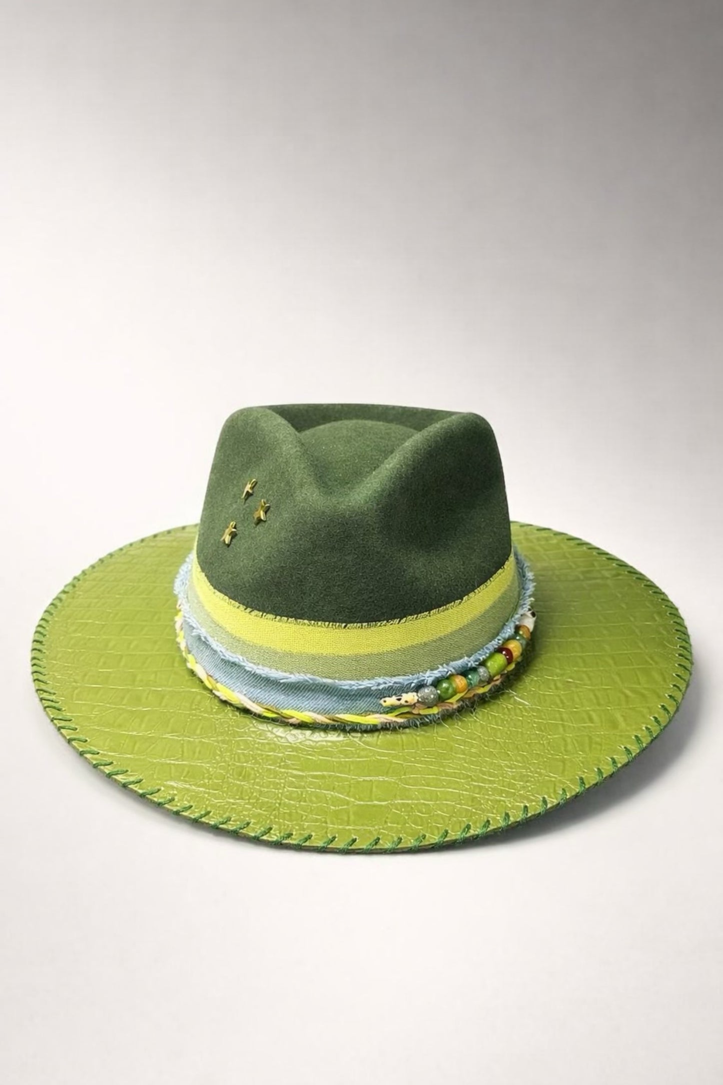 green fedora hat UK embroidered detail western style
custom green fedora hat UK statement design