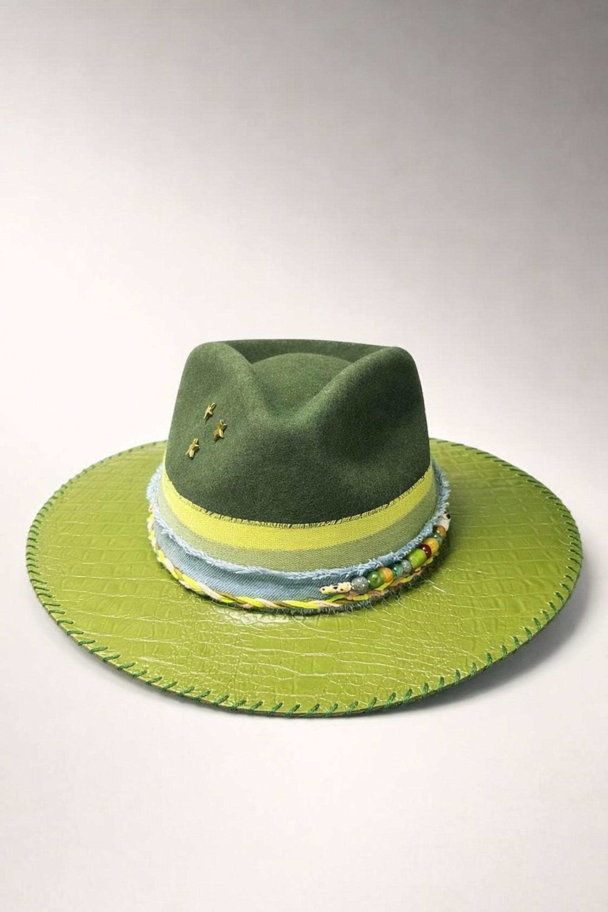 green fedora hat UK embroidered detail western style
custom green fedora hat UK statement design