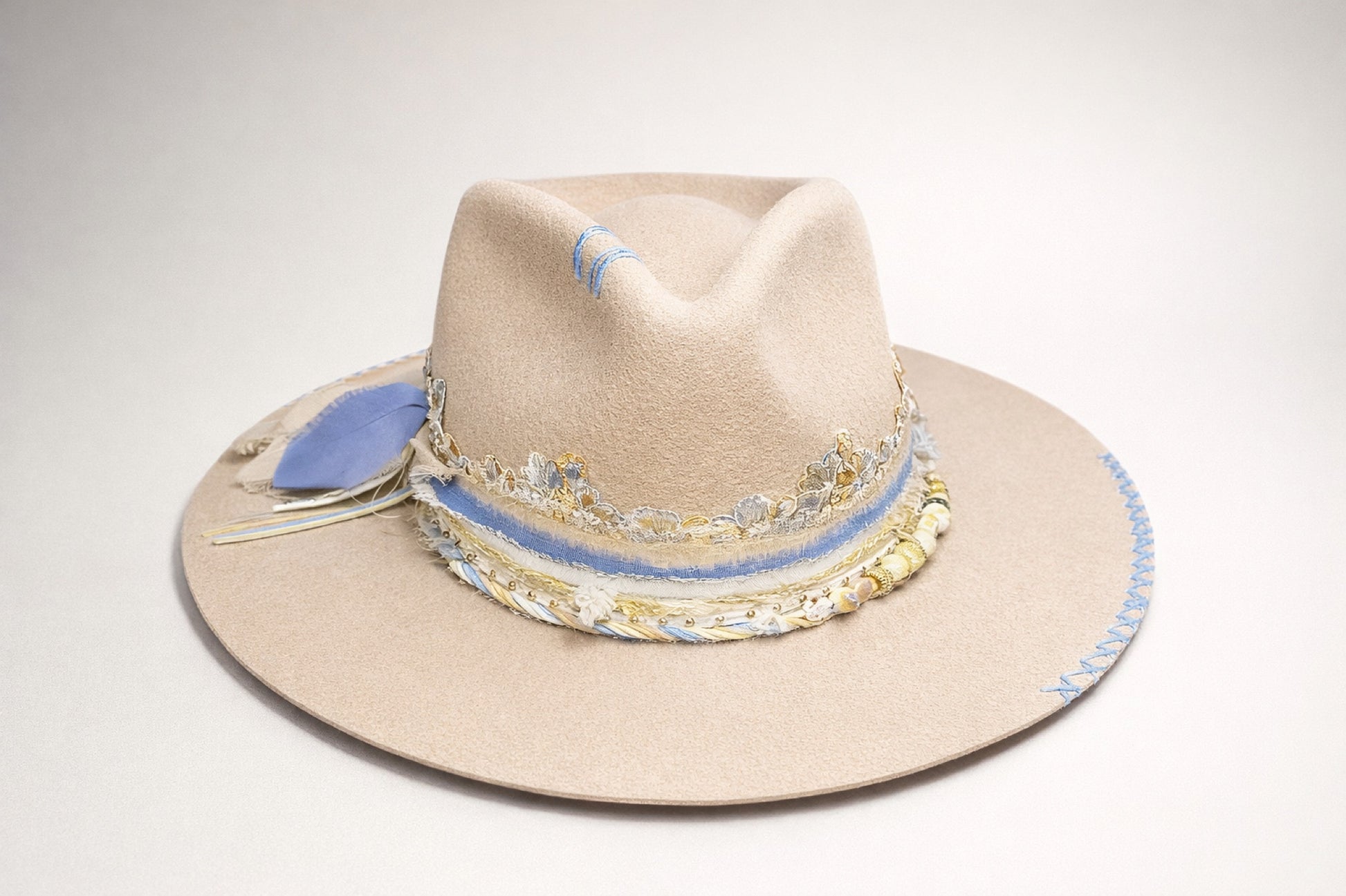 neutral fedora hat UK lace detail feminine style
	•	custom western fedora hat UK soft blue and cream